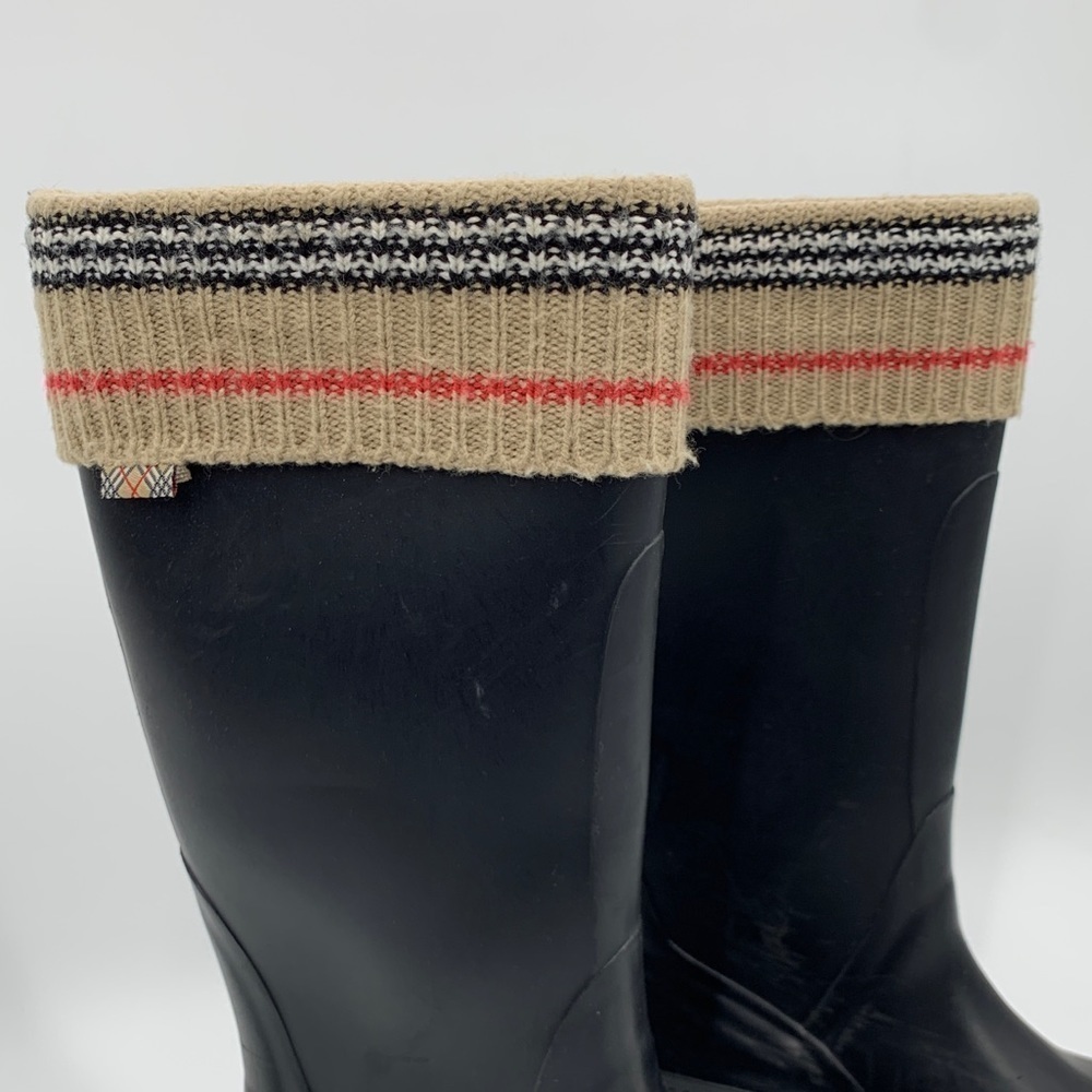 BURBERRY LONDON CLASSIC CHECK PLAID LOGO BLACK RUBBER TALL KNIT RAIN BOOTS - Picture 3 of 8